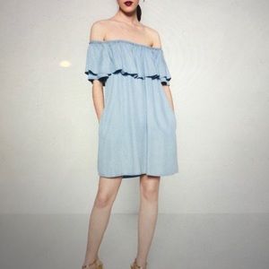 Zara Ruffles Off-the-shoulder Chambray Mini Dress